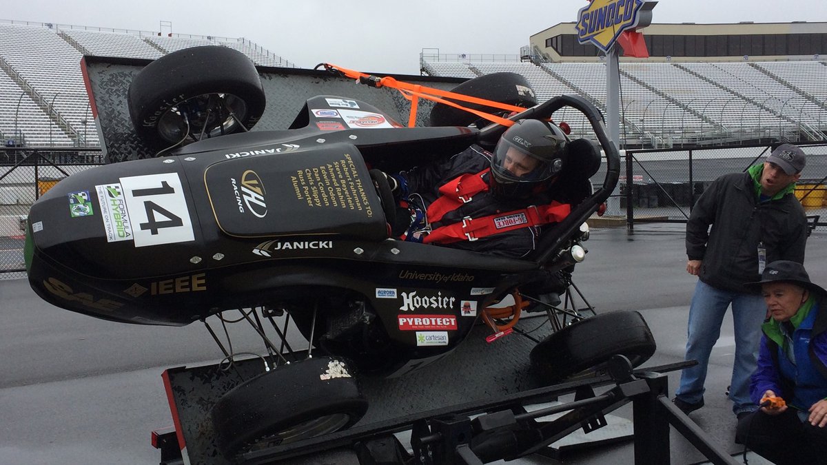 The formula hybrid car getting prepped for a test run. The formula hybrid car getting prepped for a test run.