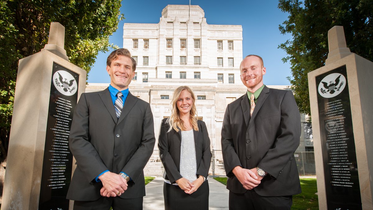 Three law students stand in front of the newly renovated law building in Boise. Three law students stand in front of the newly renovated law building in Boise.