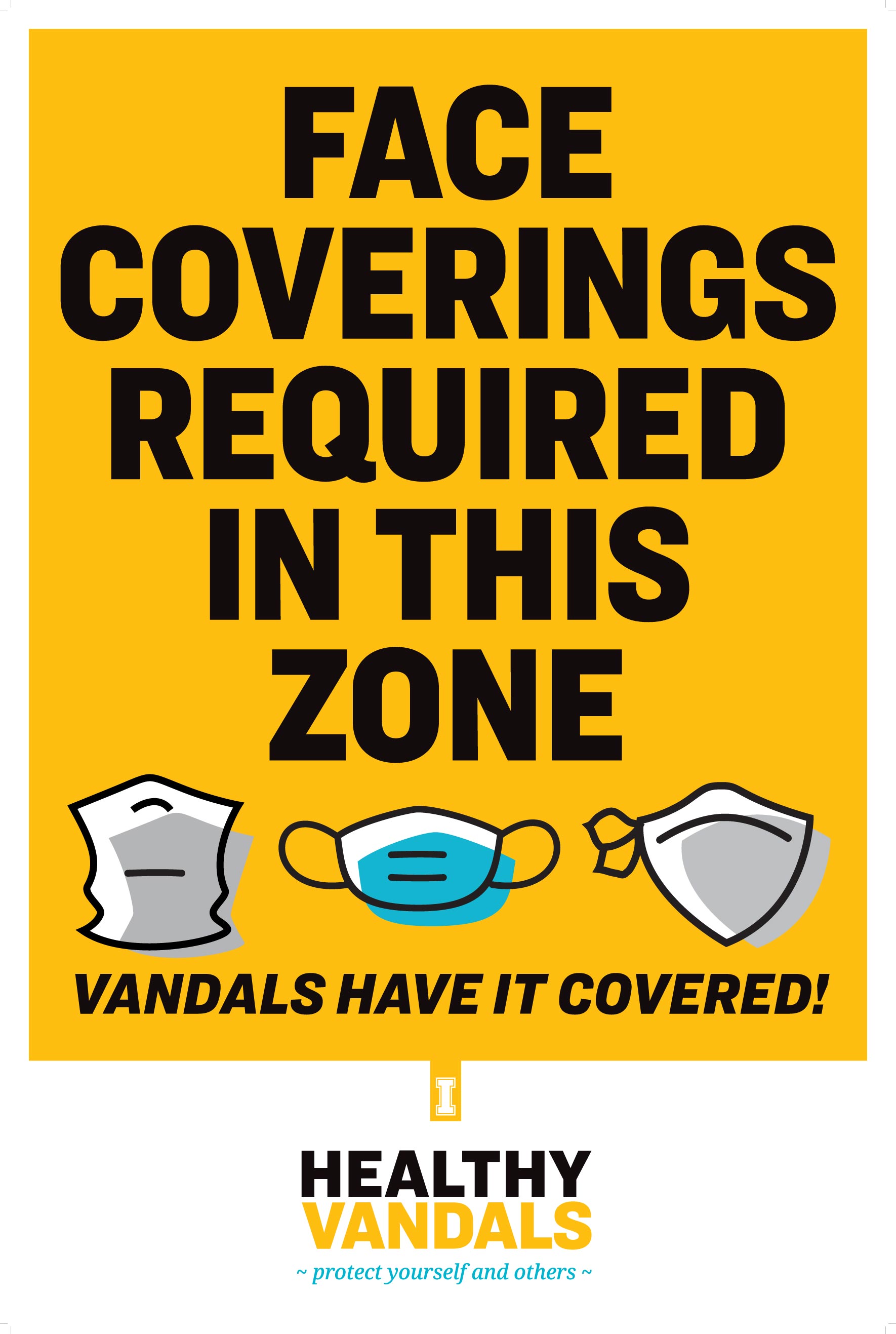 "Face coverings required in this zone" with examples of said face coverings.