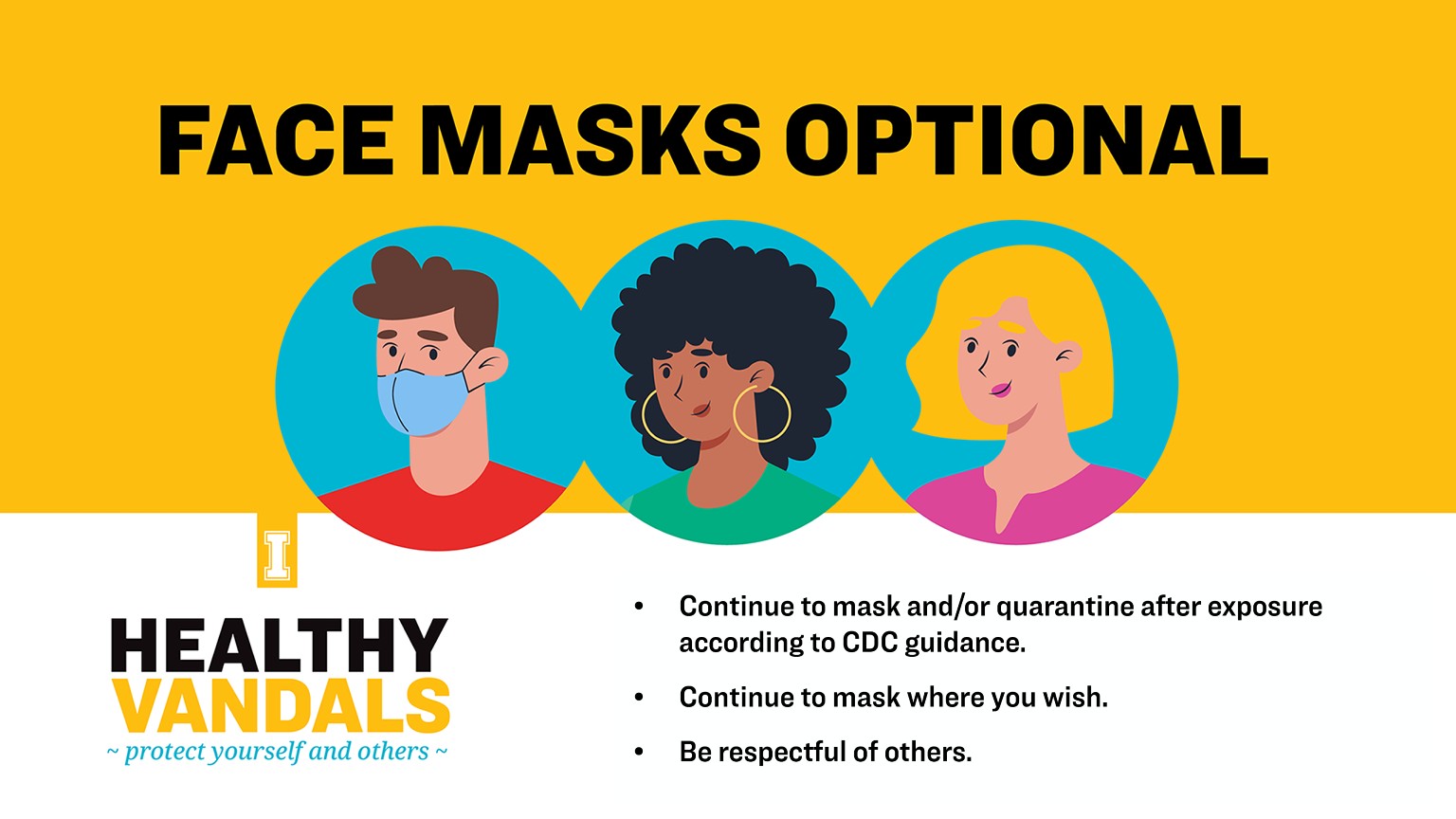 "Face masks optional. Continue to mask and/or quarantine after exposure according to CDC guidelines. Continue to mask where you wish. Be respectful of others."