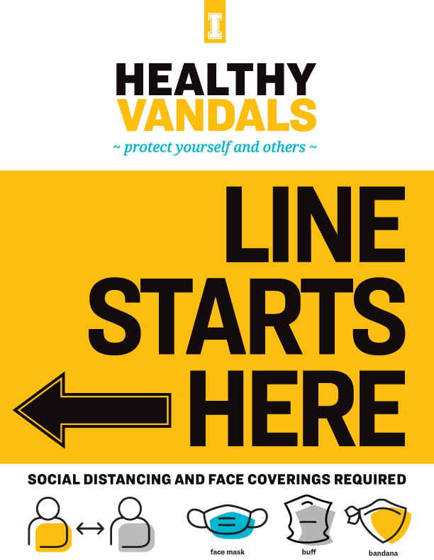 Line Starts Here, with an arrow pointing to the right and the text "Social Distancing and Face Covering Required"