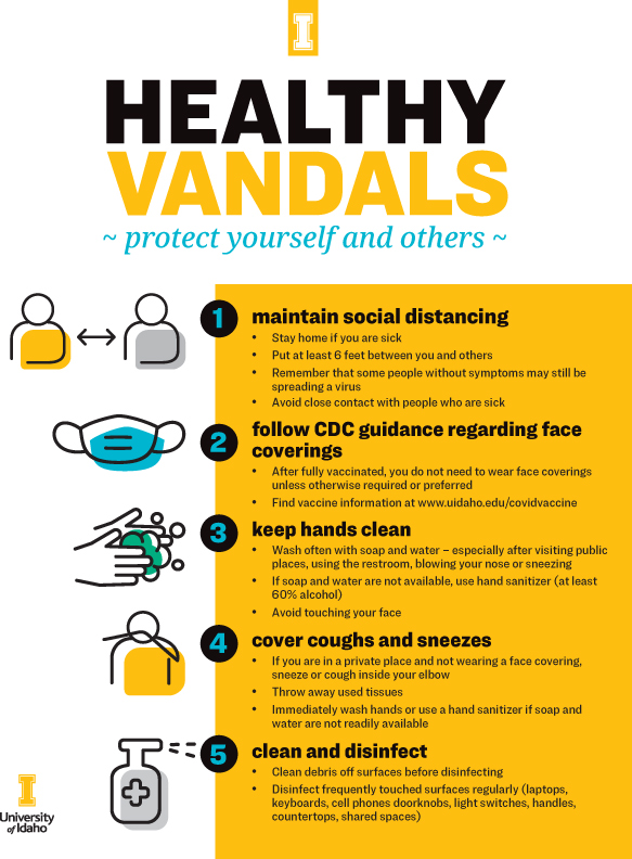 Healthy Vandals Protect Yourselves and others: Maintain Social Distancing; Follow CDC guidance regarding face coverings; Keep hands clean; Cover coughs and sneezes with elbow; Clean and disinfect.