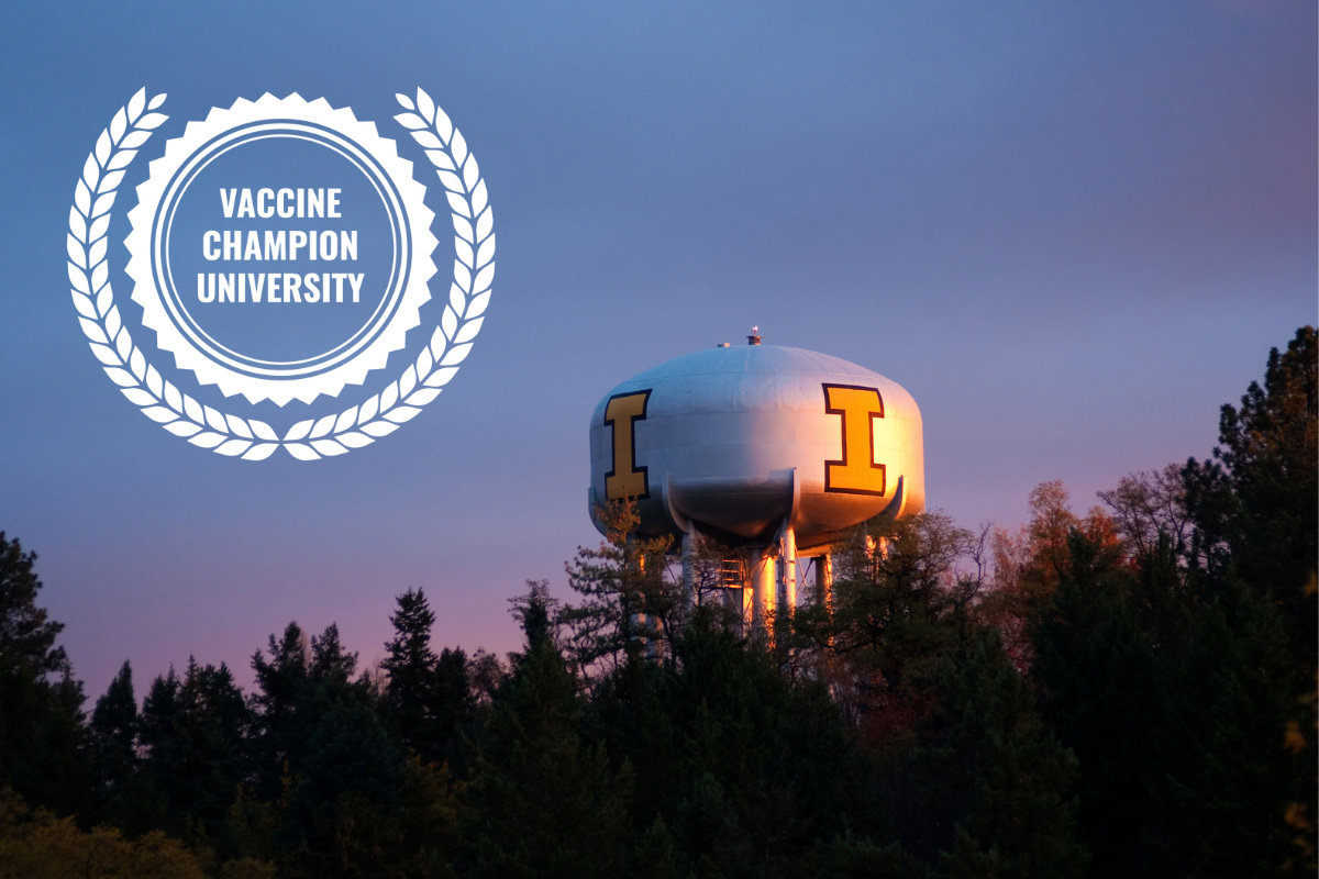 The I water tower with the text "Vaccine Champion University."