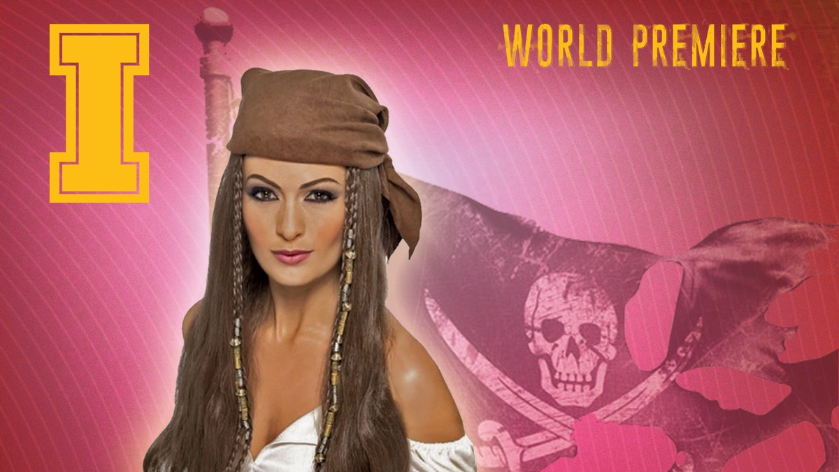 A female pirate on a stylized background.
