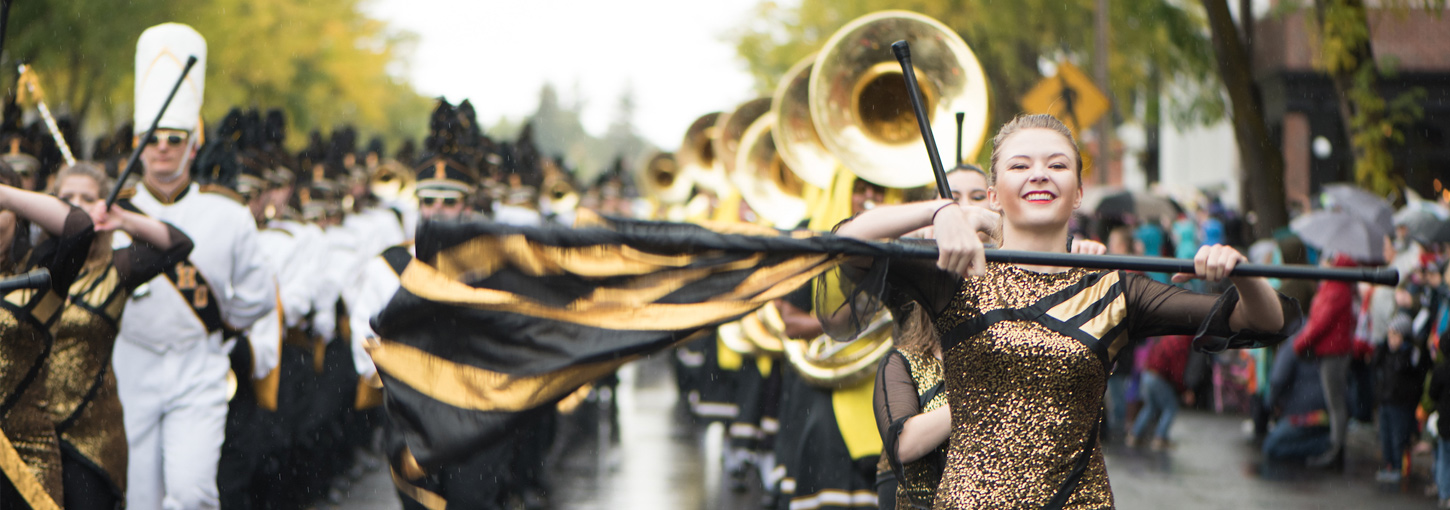 The Marching Band leads the Homecoming parade through downtown Moscow.