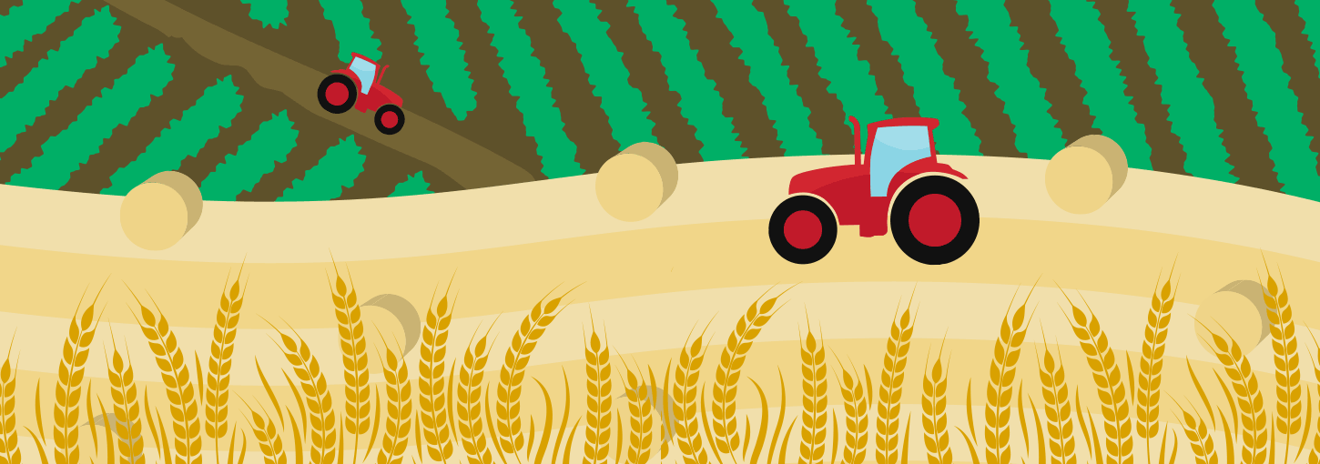 An illustration of tractors on a farm.