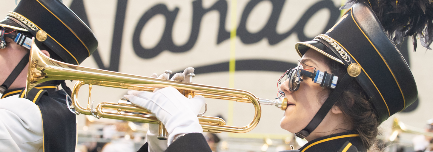 A trumpeter in the Vandal Marching Band in the Kibbie Dome.