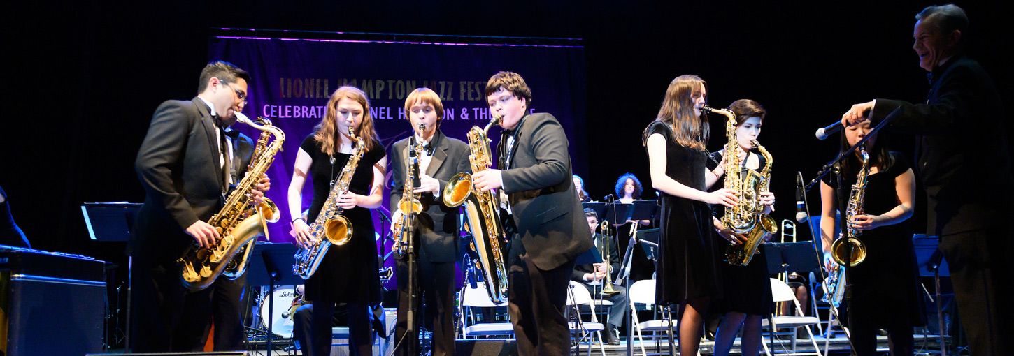 The brass section on stage at the Lionel Hampton Jazz Festival