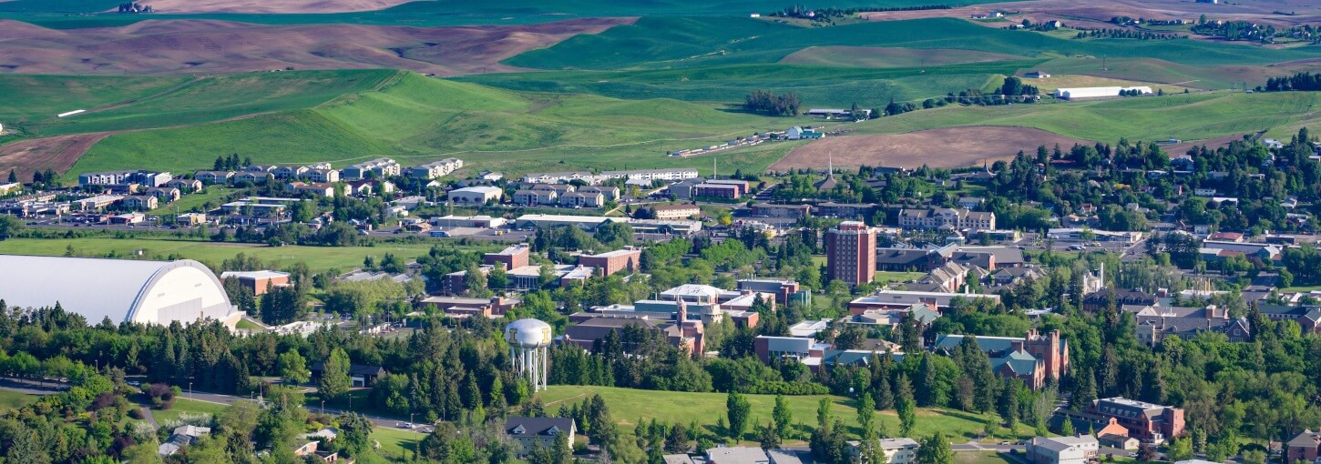 Aerial view of the University of Idaho campus with the Palouse hills in the background covered in green. 