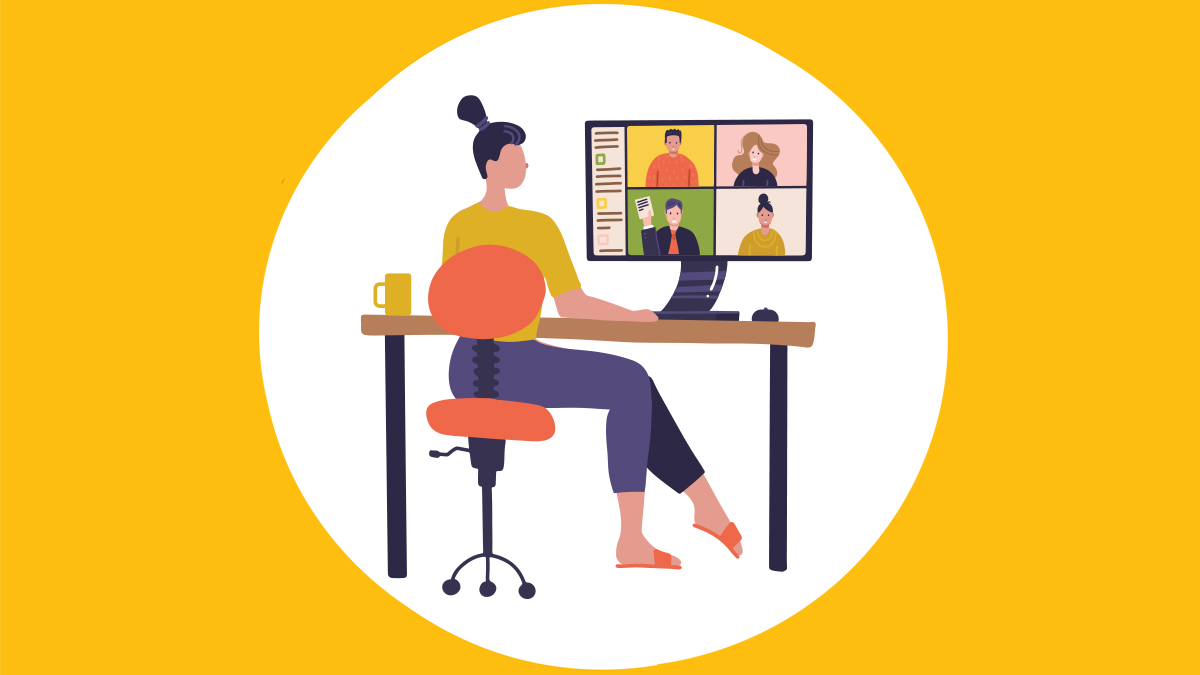 art showing an individual using desk, chair, and monitor with zoom meeting depiction