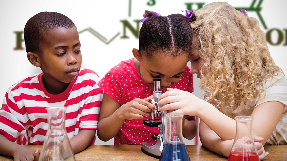 Children using a microscope