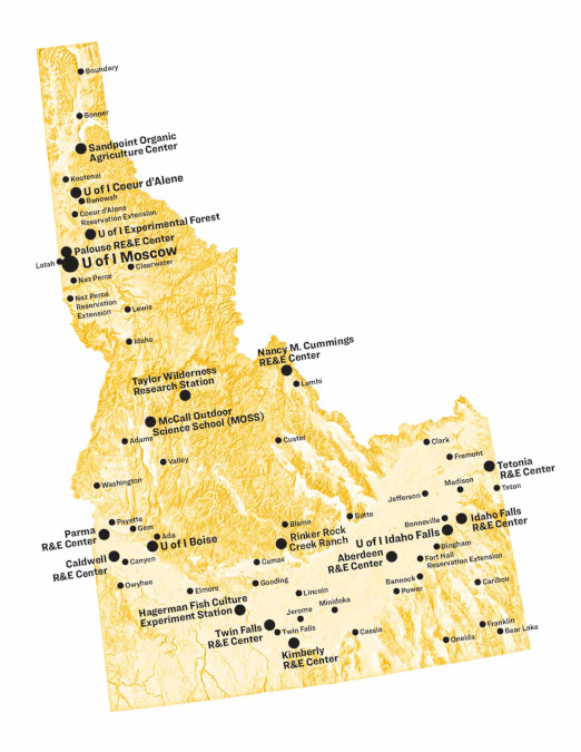 A map of Idaho plots U of I extensions, centers, stations and campuses across the state.