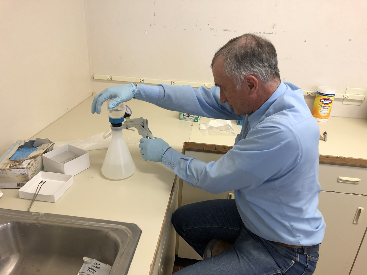 Scientists analyze water samples in a lab.