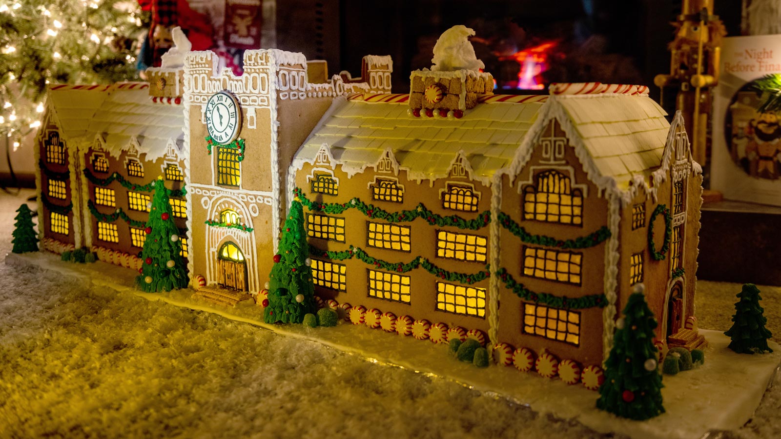 The Administration Building made out of gingerbread, frosting and other sweet treats.