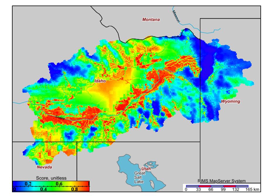 Map showing stressor levels of dissolved inorganic nitrogen in southern Idaho