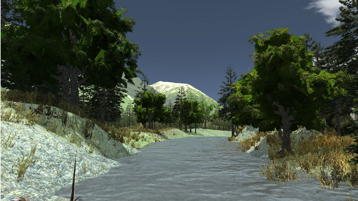A screenshot from a virtual world of a flowing stream.