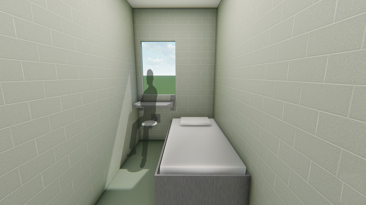 A rendering of a cell with brick walls tinted light green, a bed, washstand and window.