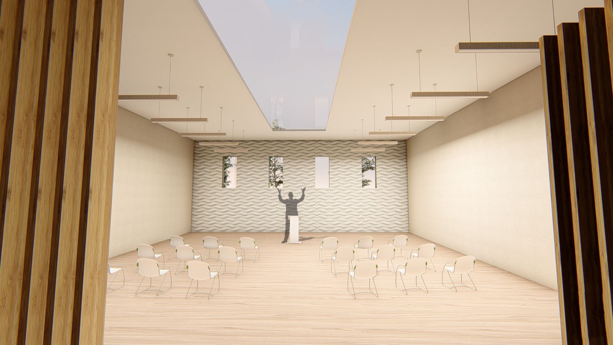 A rendering of a large open room with chairs arranged facing a speaker's podium.