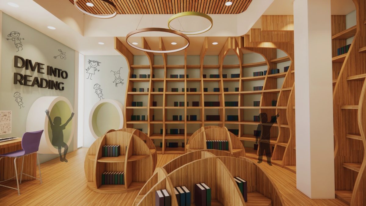 Rendering of a concept for a library in an elementary charter school.