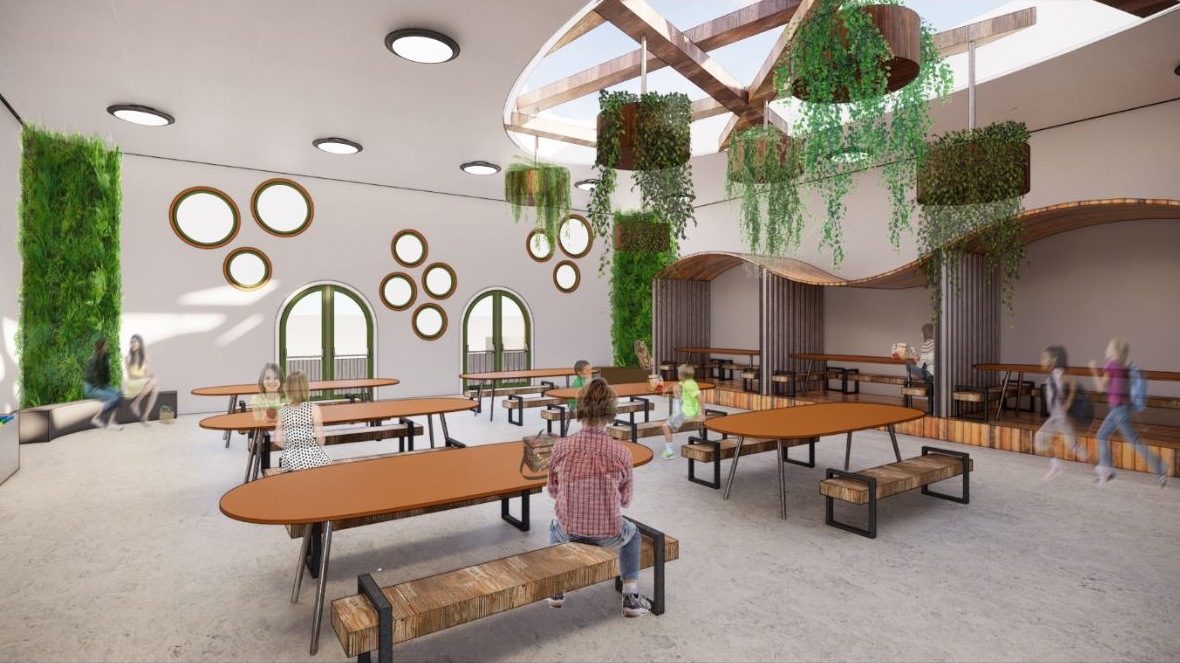 A rendering of a school cafeteria with oval tables and hanging plants.