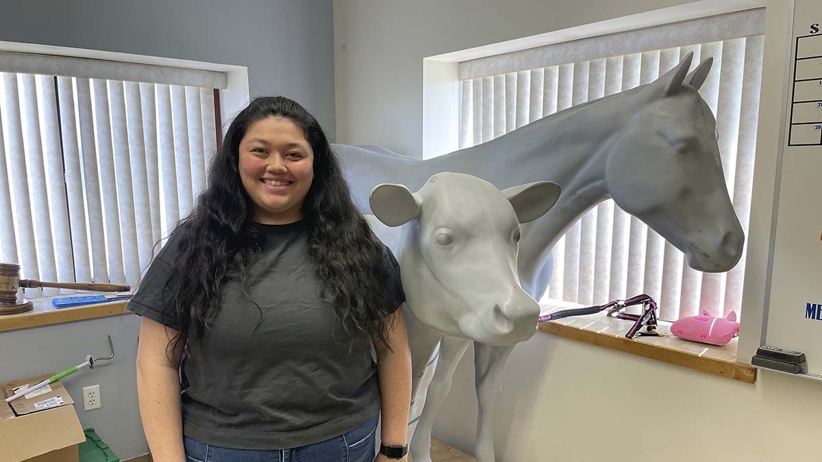 A person standing next to a statue of a cow and a horse.