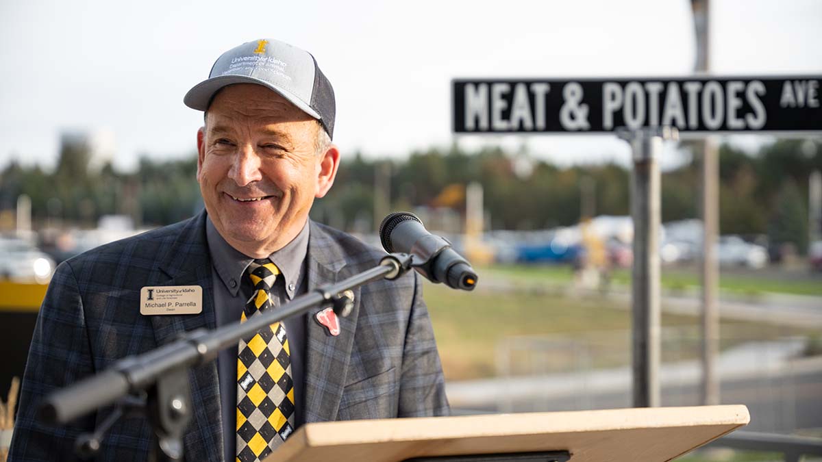 Michael Parrella, dean of University of Idaho's College of Agricultural and Life Sciences and special assistant to the president for agricultural initiatives, speaks during the groundbreaking ceremony for the forthcoming Meat Science and Innovation Center Honoring Ron Richard, which is under construction in Moscow.