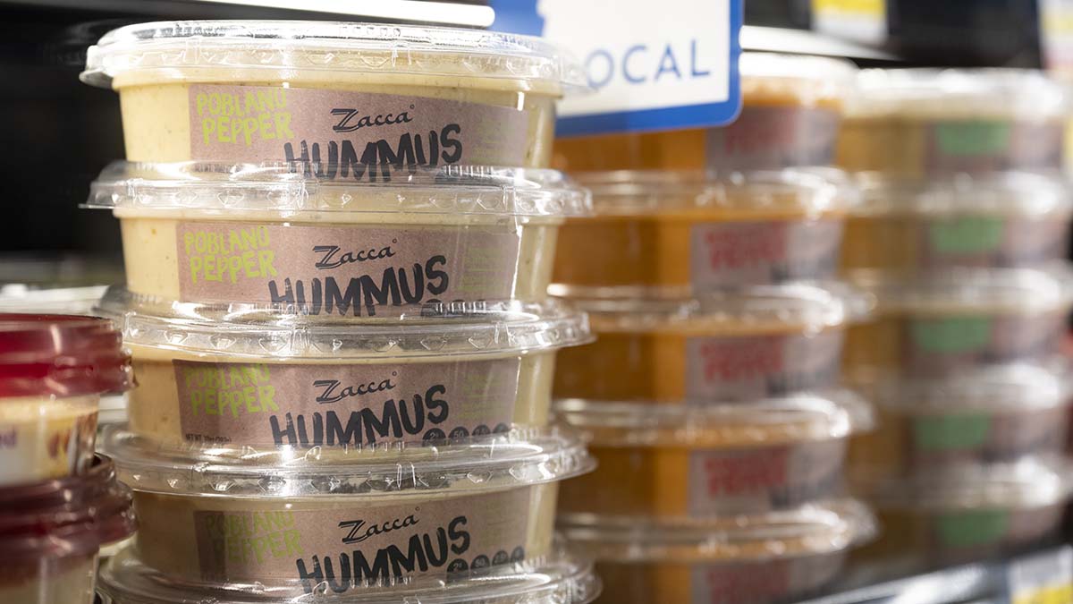 food and biobased research Zacca Hummus in an Albertsons store in Boise. Zacca Hummus uses garbanzo beans grown on the Palouse by vandal alumni Russ Zenner.
