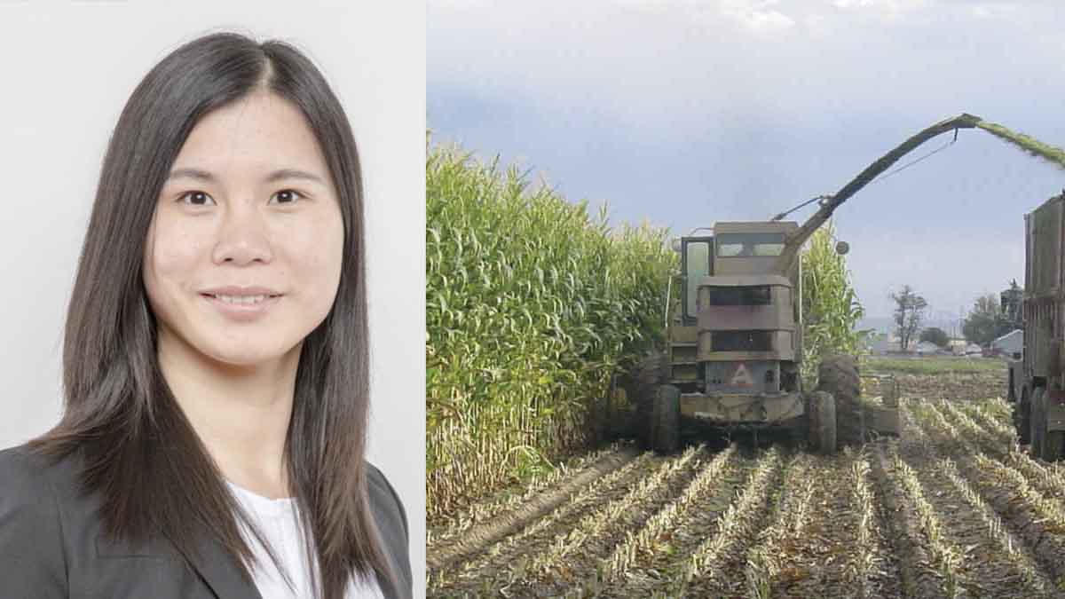 portrait of woman next to corn tractor