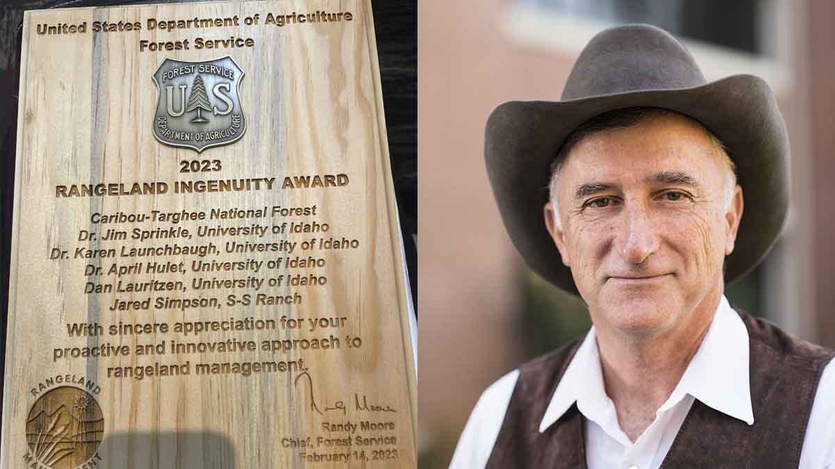 An award and portrait of a man with a cowboy hat on.