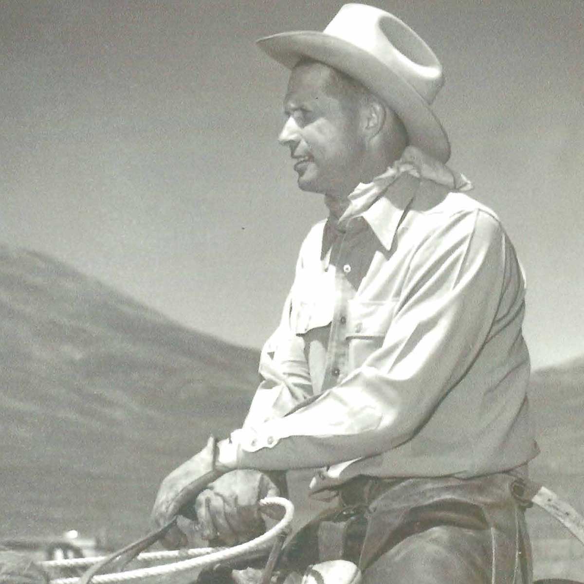 David Little on horseback; black and white photo
