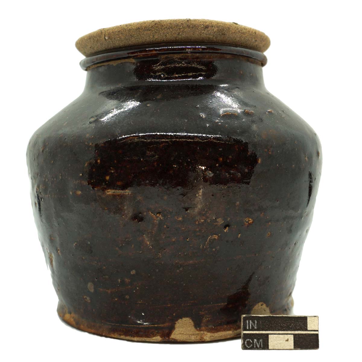 Wide-mouthed jar, Chinese brown-glazed stoneware, and lid.