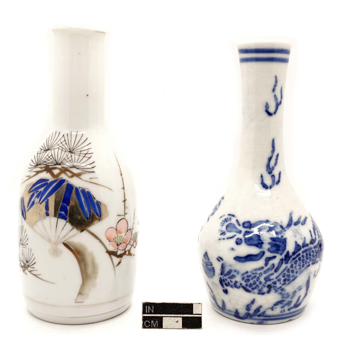Tokkuri (vessels for heating and serving sake), overglaze enamel (iro-e) and katagami stencil decoration, porcelain.