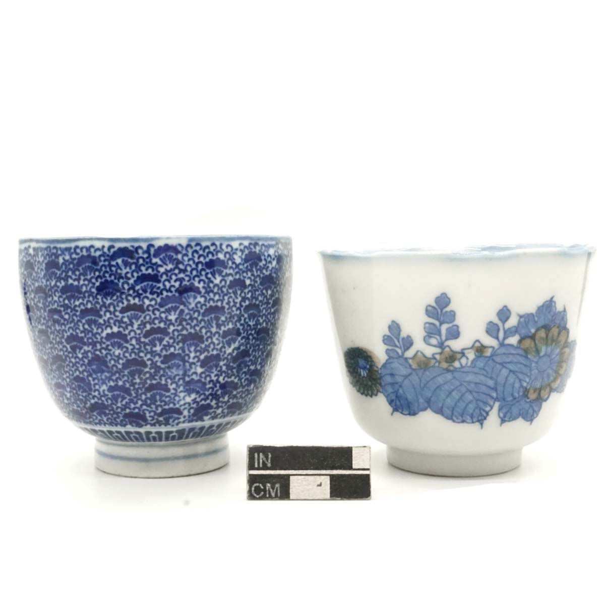 Soba-choko (sauce cups for noodles), katagami stencil and transferprint (doban) decoration, porcelain.