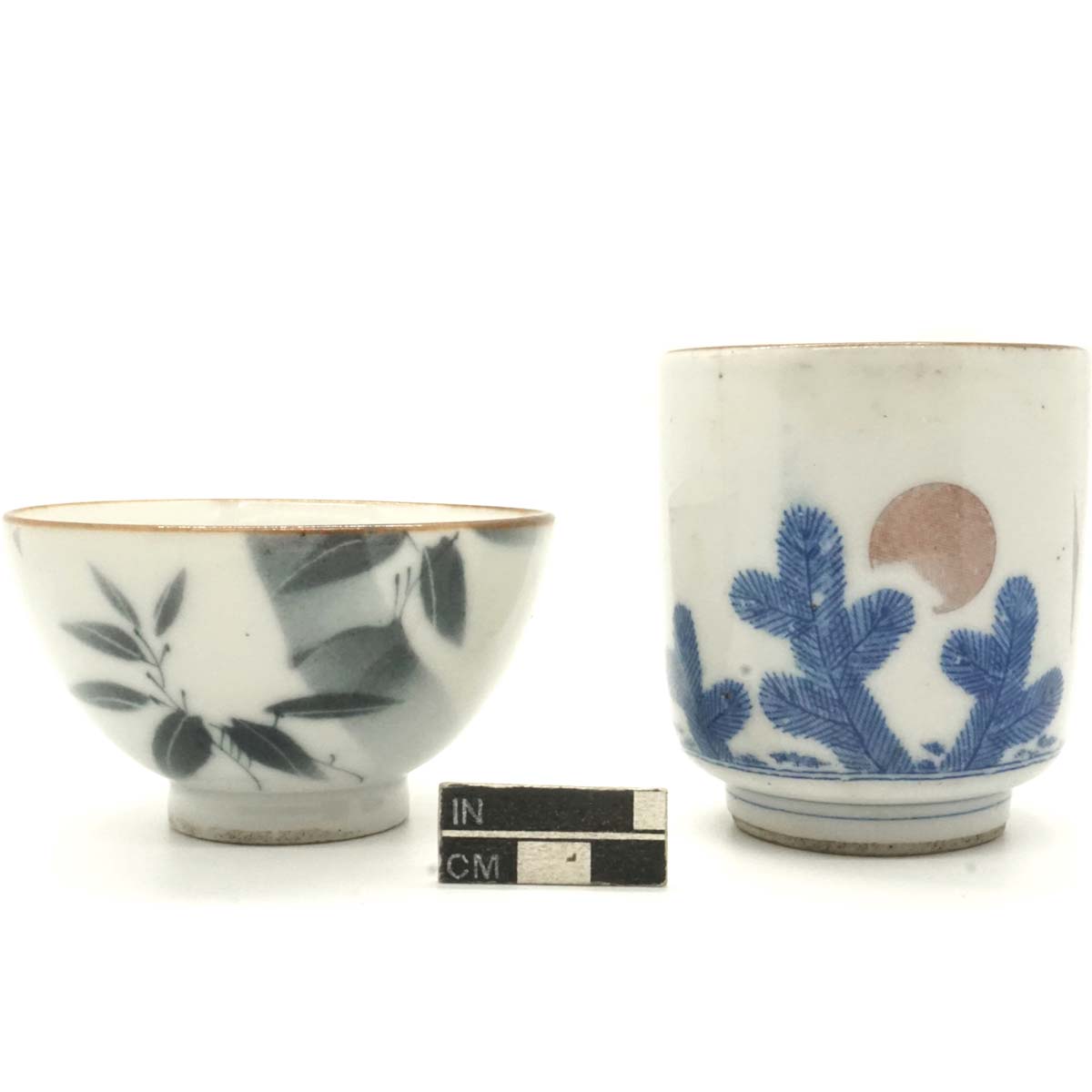 Teacups (yunomi), Fukizumi stencil and transfer print (doban) decoration, porcelain.