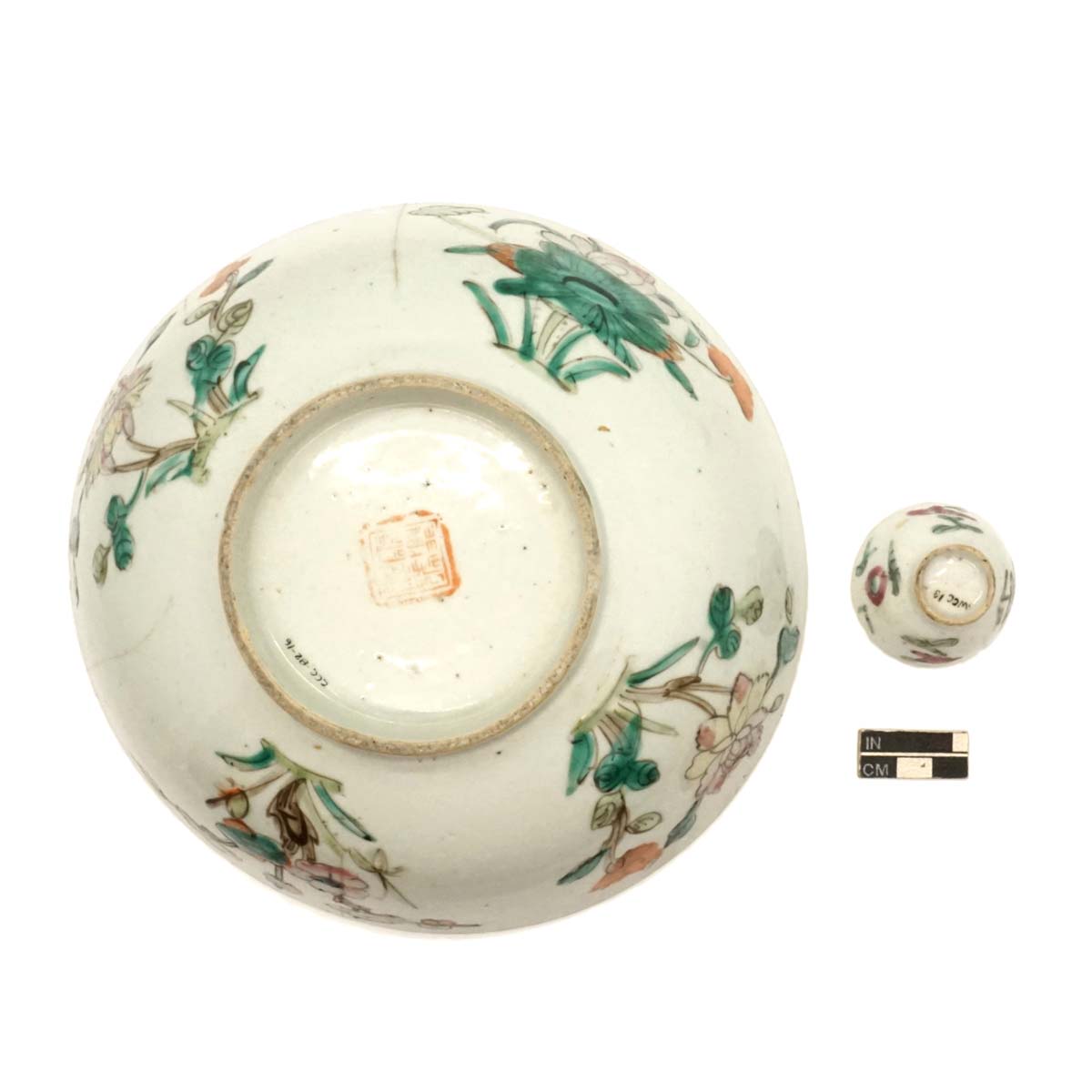 Serving bowl and liquor cup, “Four Seasons Flowers” pattern, porcelain.