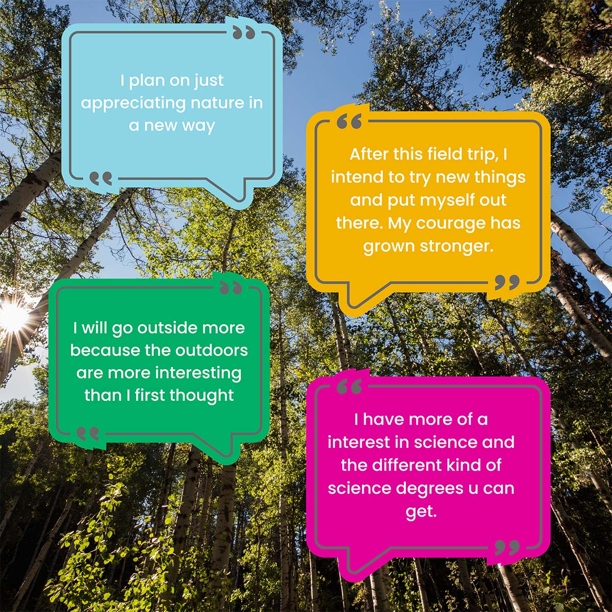 Quotes of children enjoying the outdoors. "I plan on just appreciating nature in a new way."