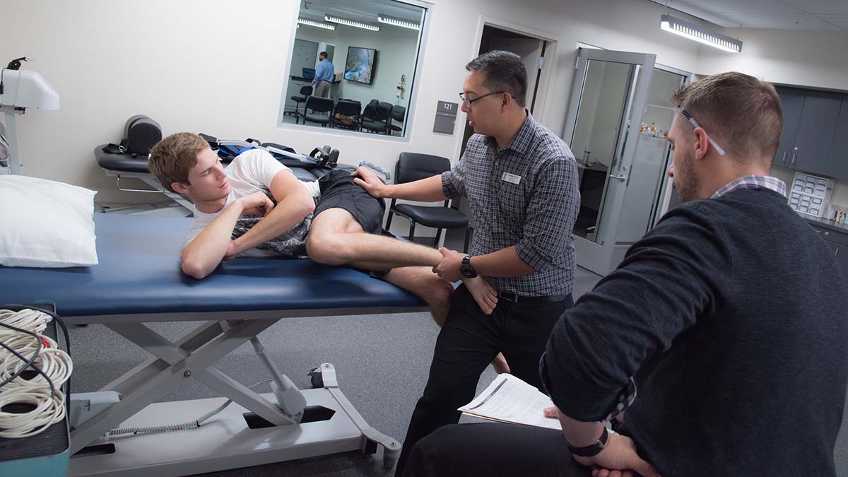 A professor supervises a student in the athletic training clinic.