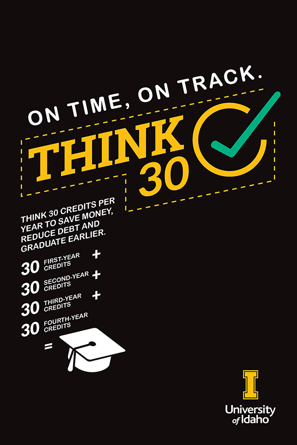 On Time, On Track. Think 30.  Think 30 credits per year to save money, reduce debt, and graduate earlier.  Taking 30 credits per year allows most students to graduate in four years.
