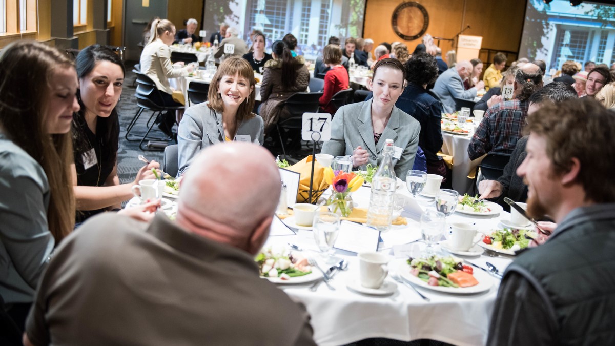 Attendees of a Scholarship Luncheon share a table in the Vandal Ballroom