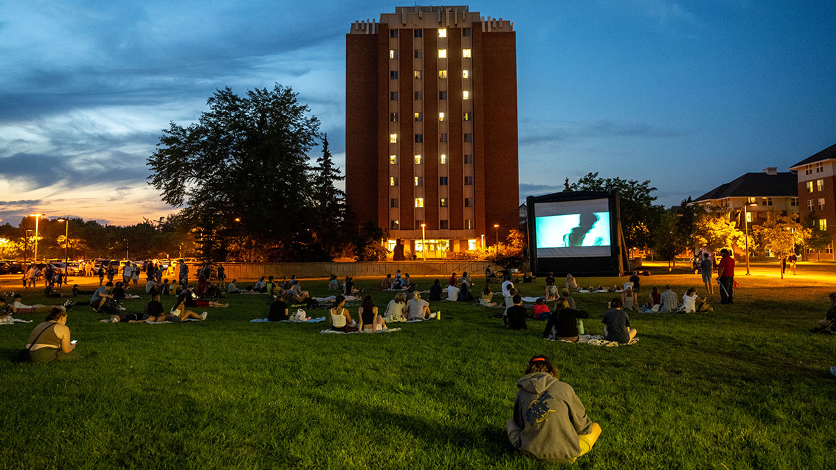A group of students sitting on a blanket in the grass at the U of I campus