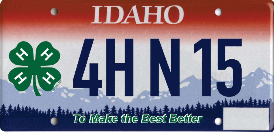 An Idaho license plate with a 4-H clover and the motto "To Make the Best Better."