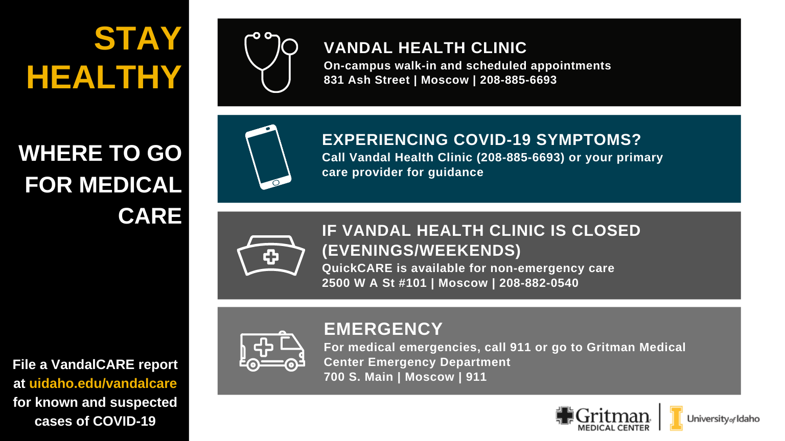 University of Idaho students, faculty and staff who are feeling ill should schedule an appointment with the Vandal Health Clinic. 