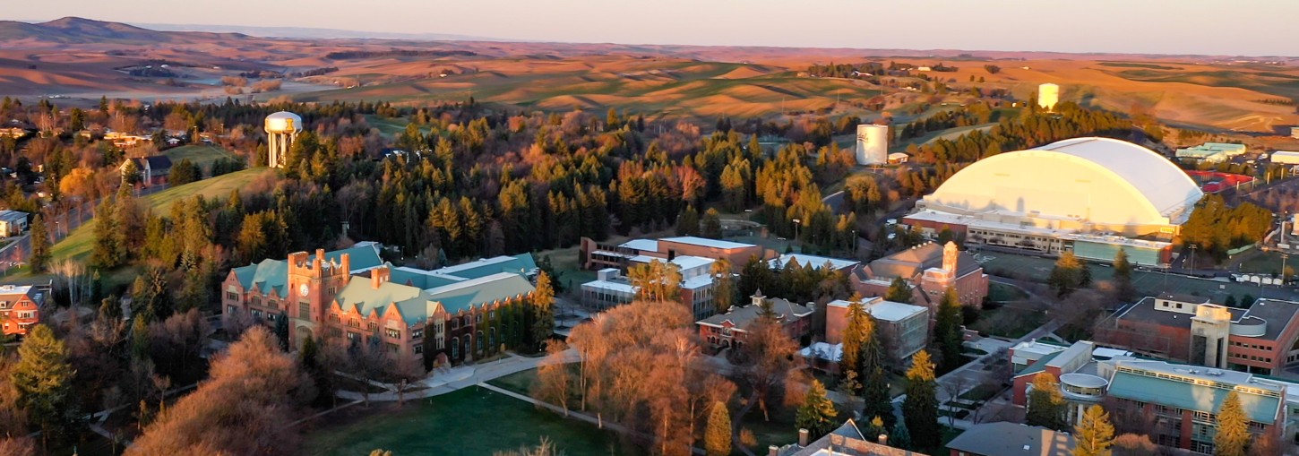Aerial view of the University of Idaho campus, with the Administration Building in the foreground. 