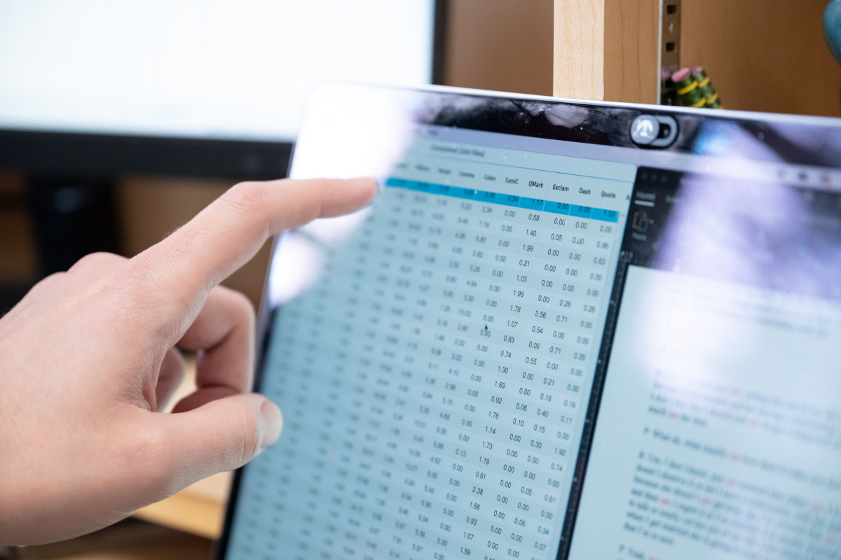 Computer screen shows statistical analysis.