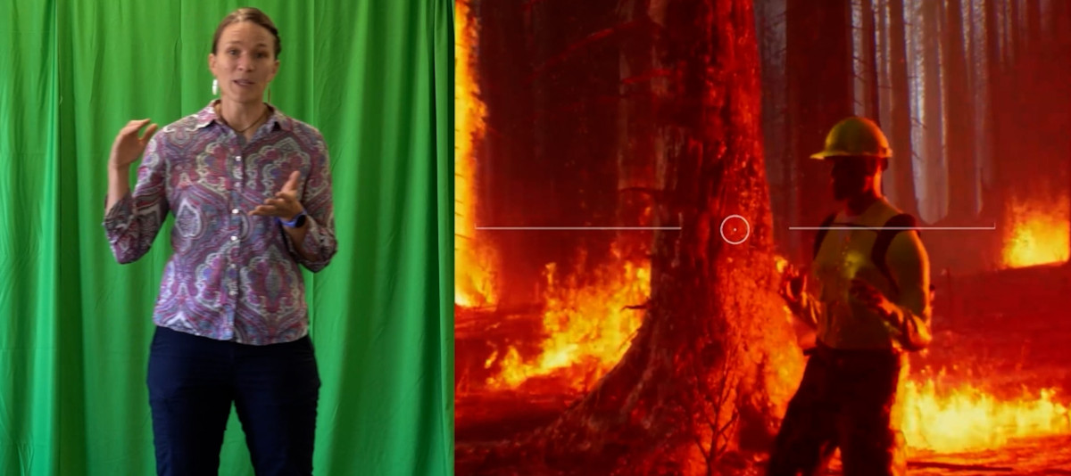 Split screen with Heward in front of green screen on left, avatar on right.