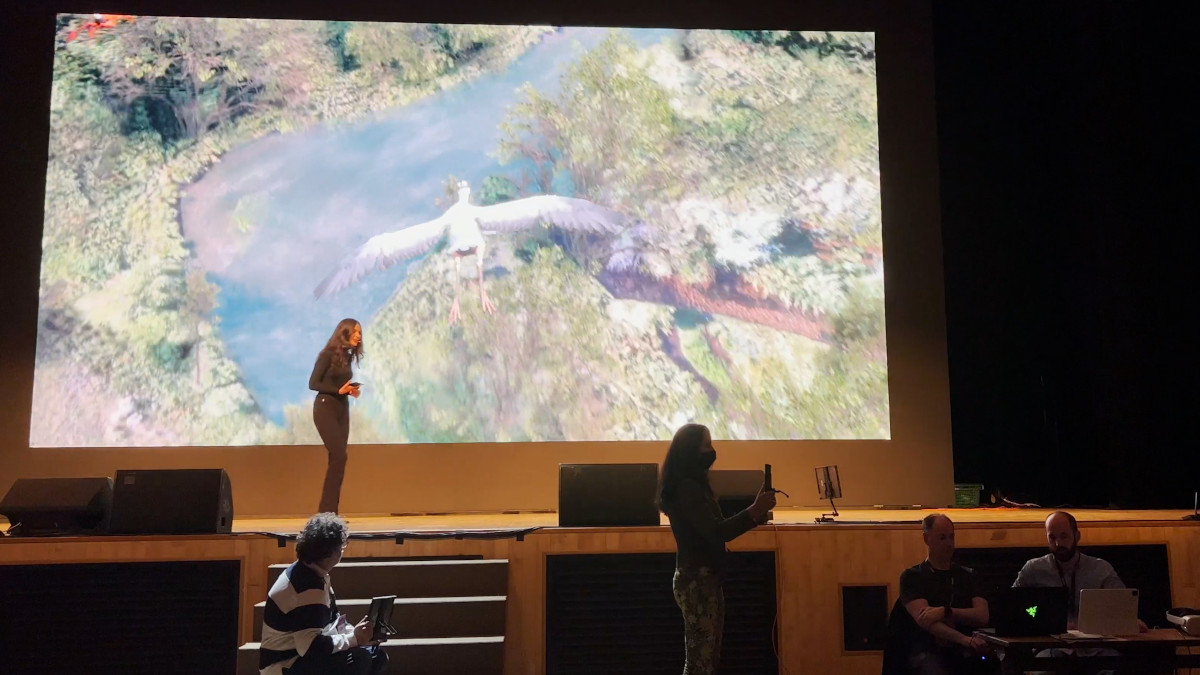 Photo of woman on stage with video playing and people in foreground.