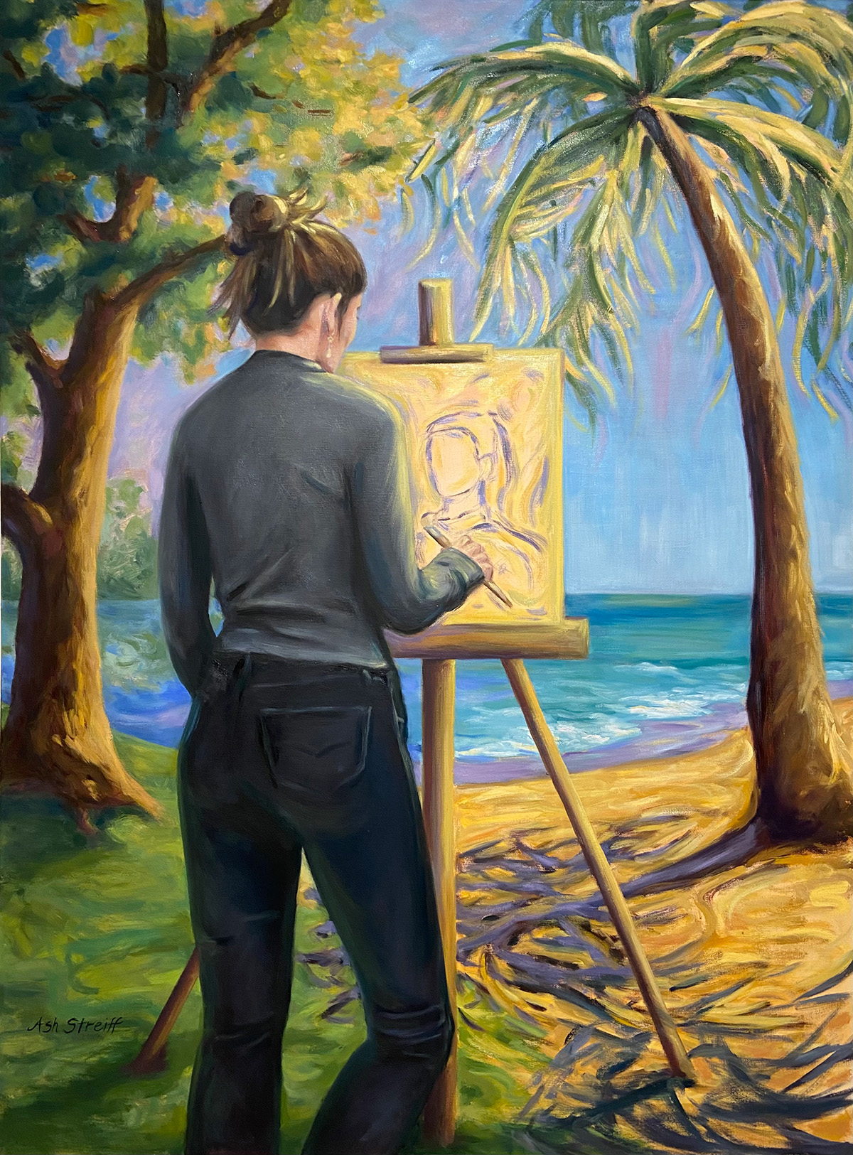 Painting of a woman at an easel with a palm tree to the right and an oak tree to the left.