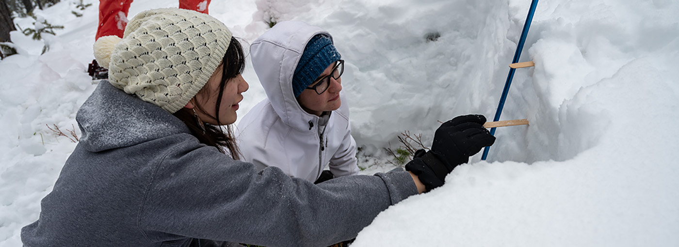 Two students use popsicle sticks to measure the distance between snow layers in a snow pit.