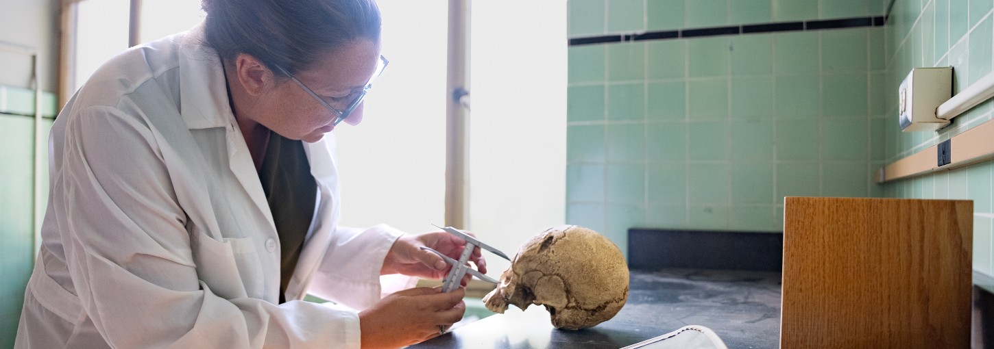 Kate Kolpan studying a skull.