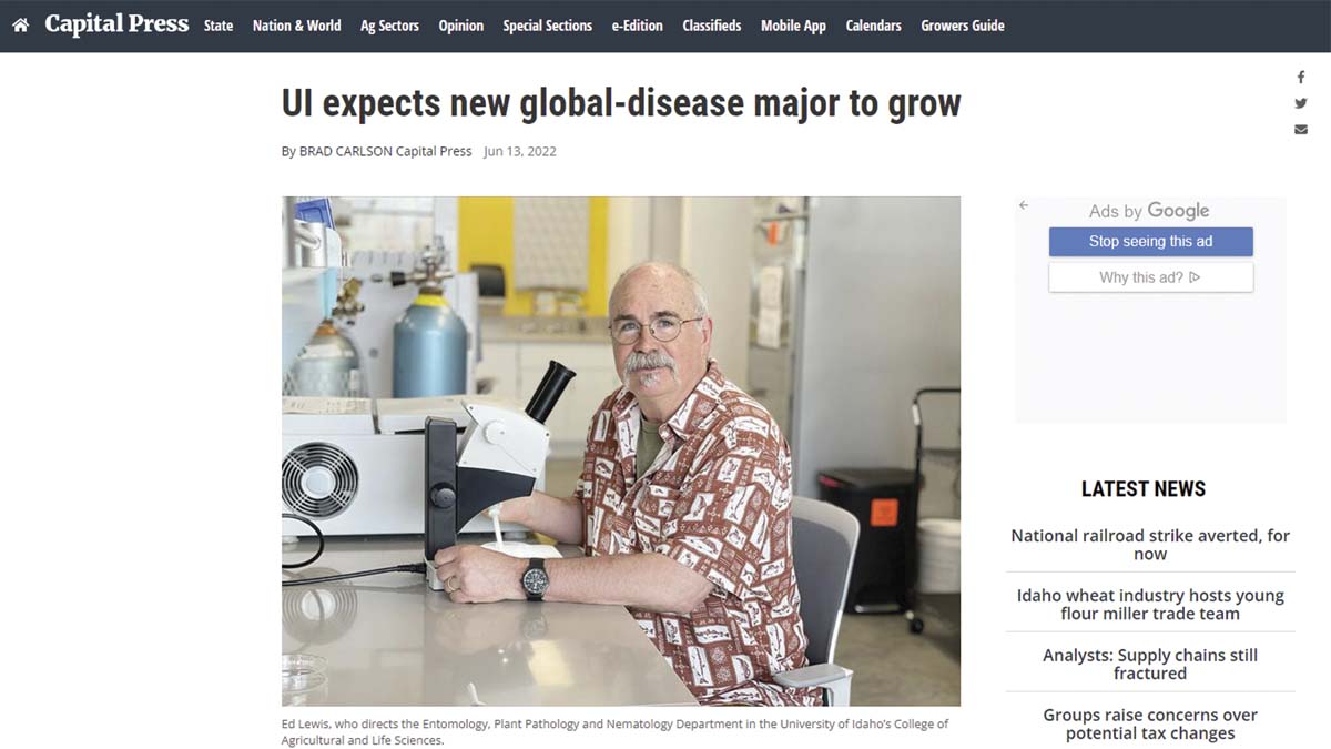 Screenshot of Capital Press website of global disease article.